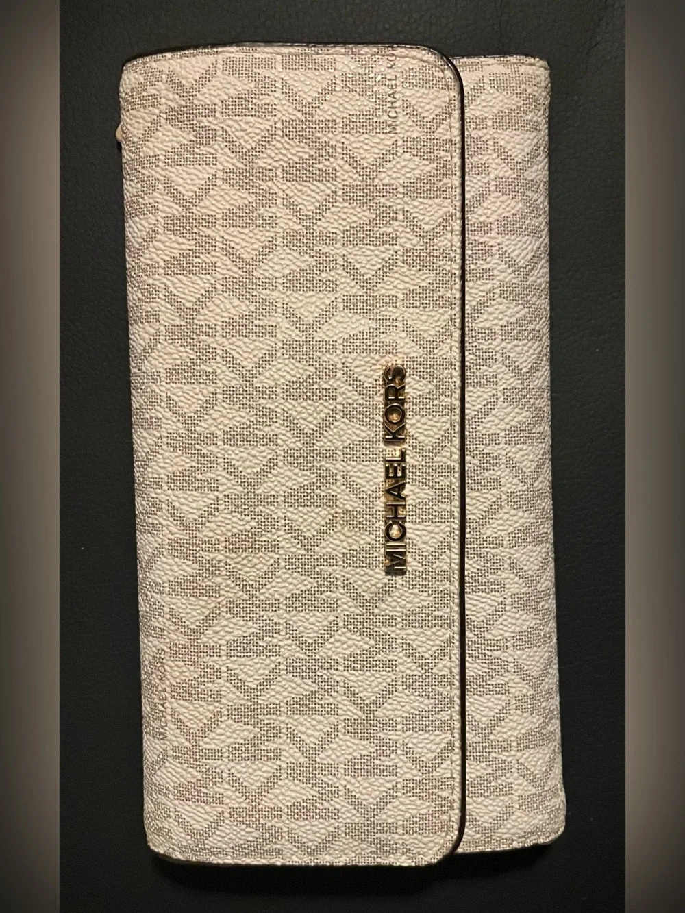 Michael Kors Beige Cream Logo Continental Wallet with Gold Hardware